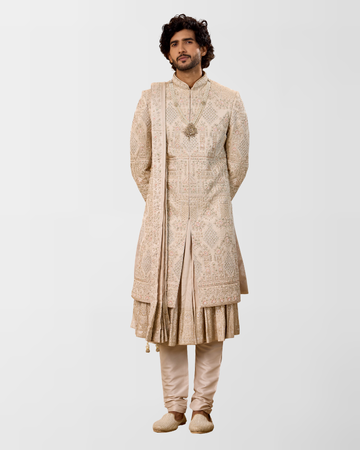 Ivory Multi-Panel Hand-Embroidered Royal Sherwani Set