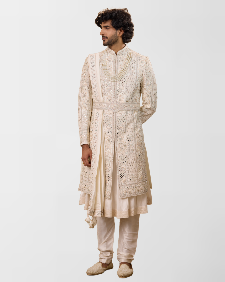 Ivory Mirror & Resham Hand-Embroidered Groom Sherwani