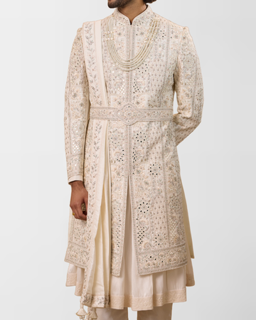Ivory Mirror & Resham Hand-Embroidered Groom Sherwani