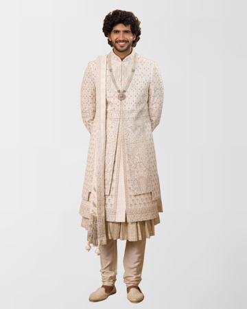 Ivory Hand-Embroidered Royal Groom Sherwani Set