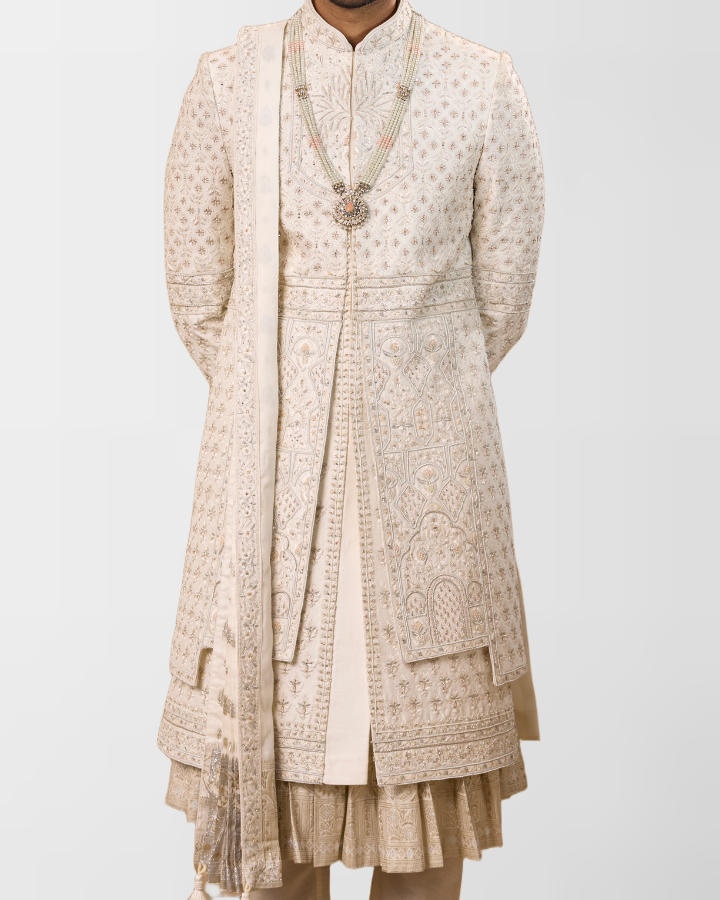 Ivory Hand-Embroidered Royal Groom Sherwani Set
