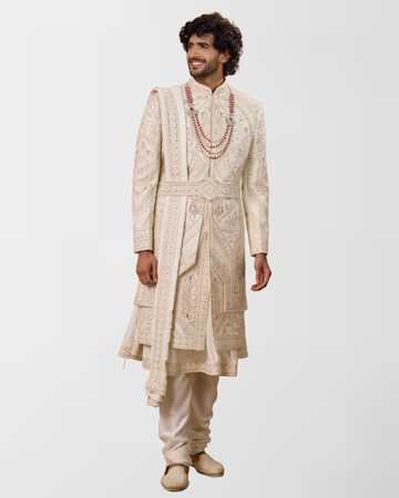 Ivory Hand-Embroidered Royal Groom Sherwani Set