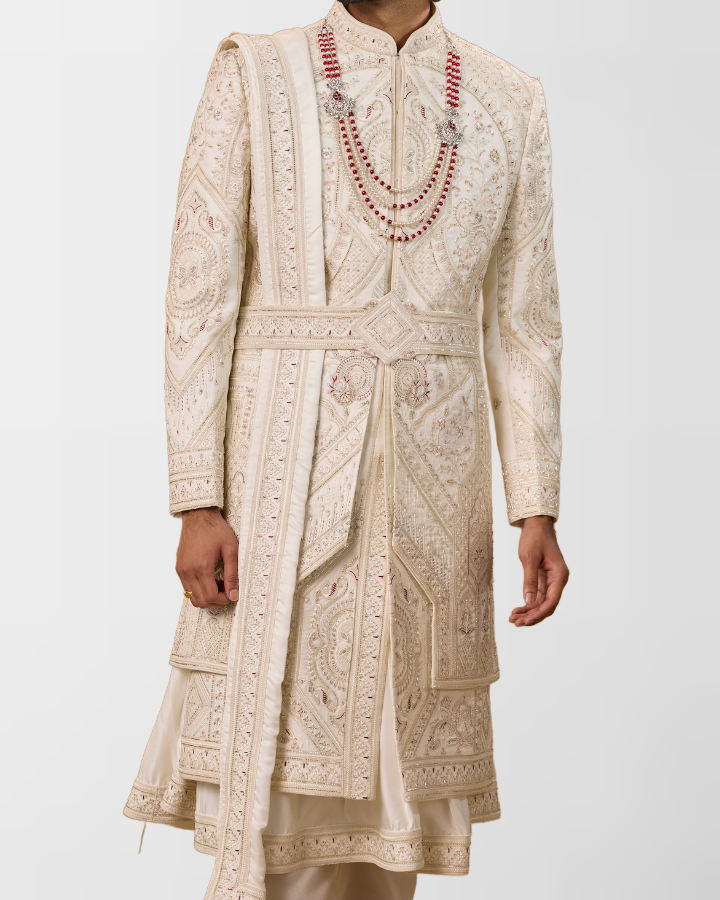 Ivory Hand-Embroidered Royal Groom Sherwani Set