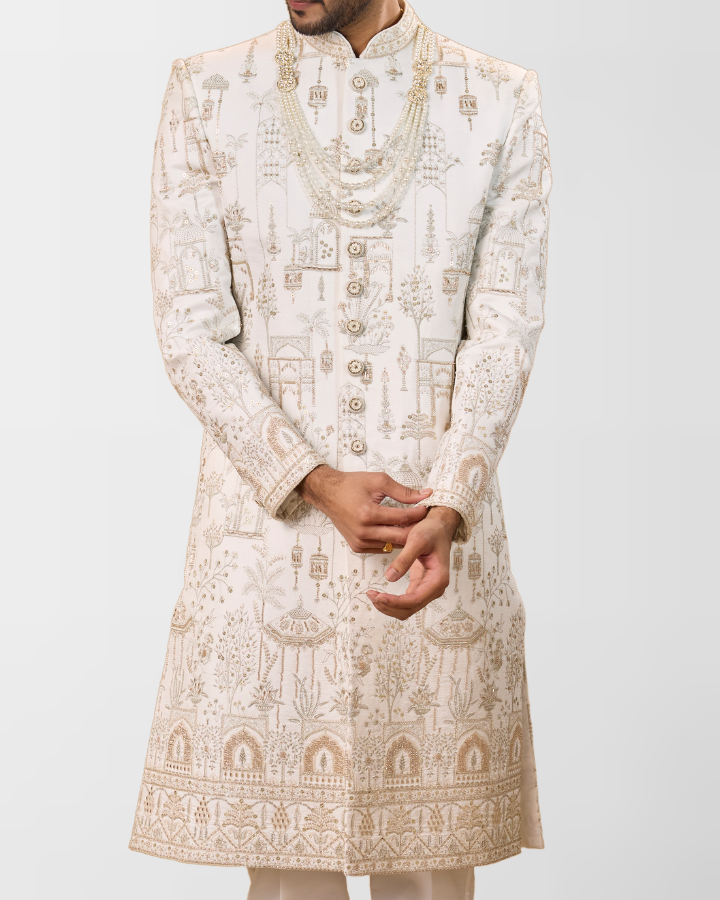 Ivory Architectural Hand-Embroidered Sherwani