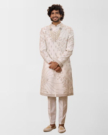 Ivory Floral & Wave Pattern Embroidered Sherwani