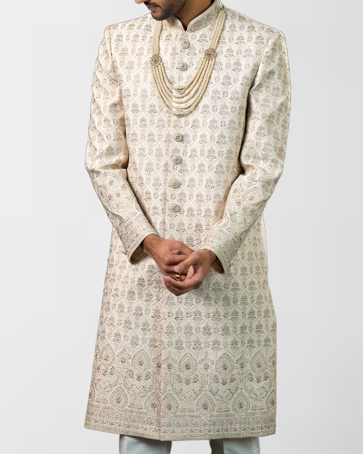 Ivory All-Over Hand-Embroidered Sherwani