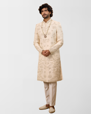 Ivory Botanical Hand-Embroidered Sherwani