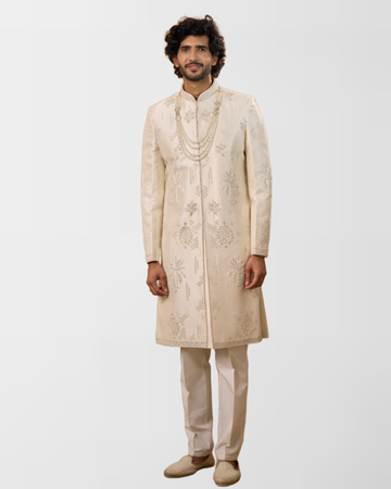Ivory Palm Motif Hand-Embroidered Sherwani