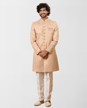 Peach Textured Hand-Embroidered Sherwani