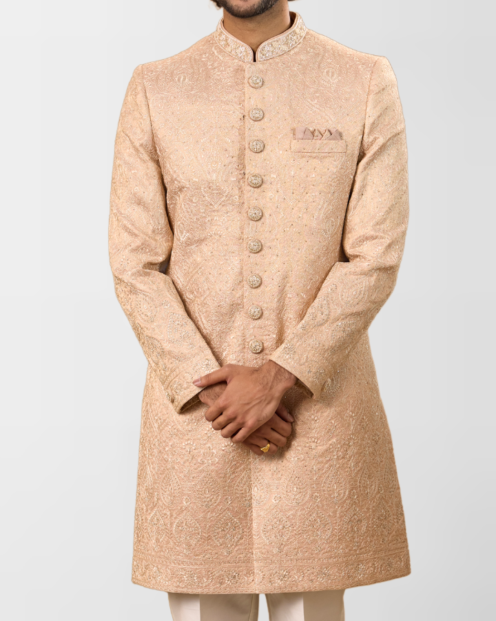 Peach Textured Hand-Embroidered Sherwani