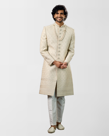 Ivory Textured Hand-Embroidered Sherwani
