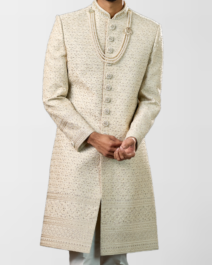 Ivory Textured Hand-Embroidered Sherwani