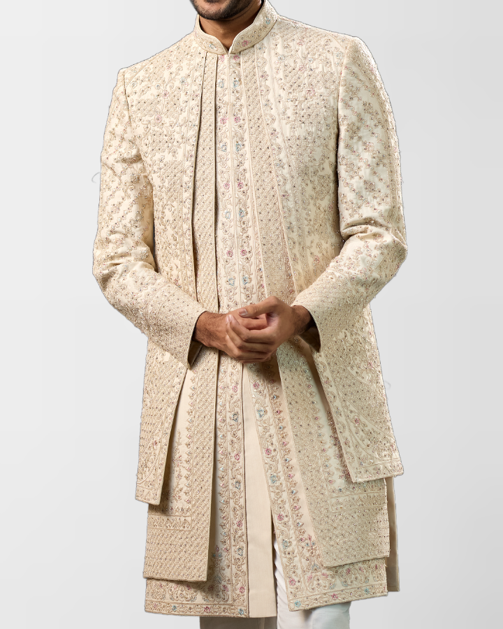 Ivory Multilayer Hand-Embroidered Sherwani