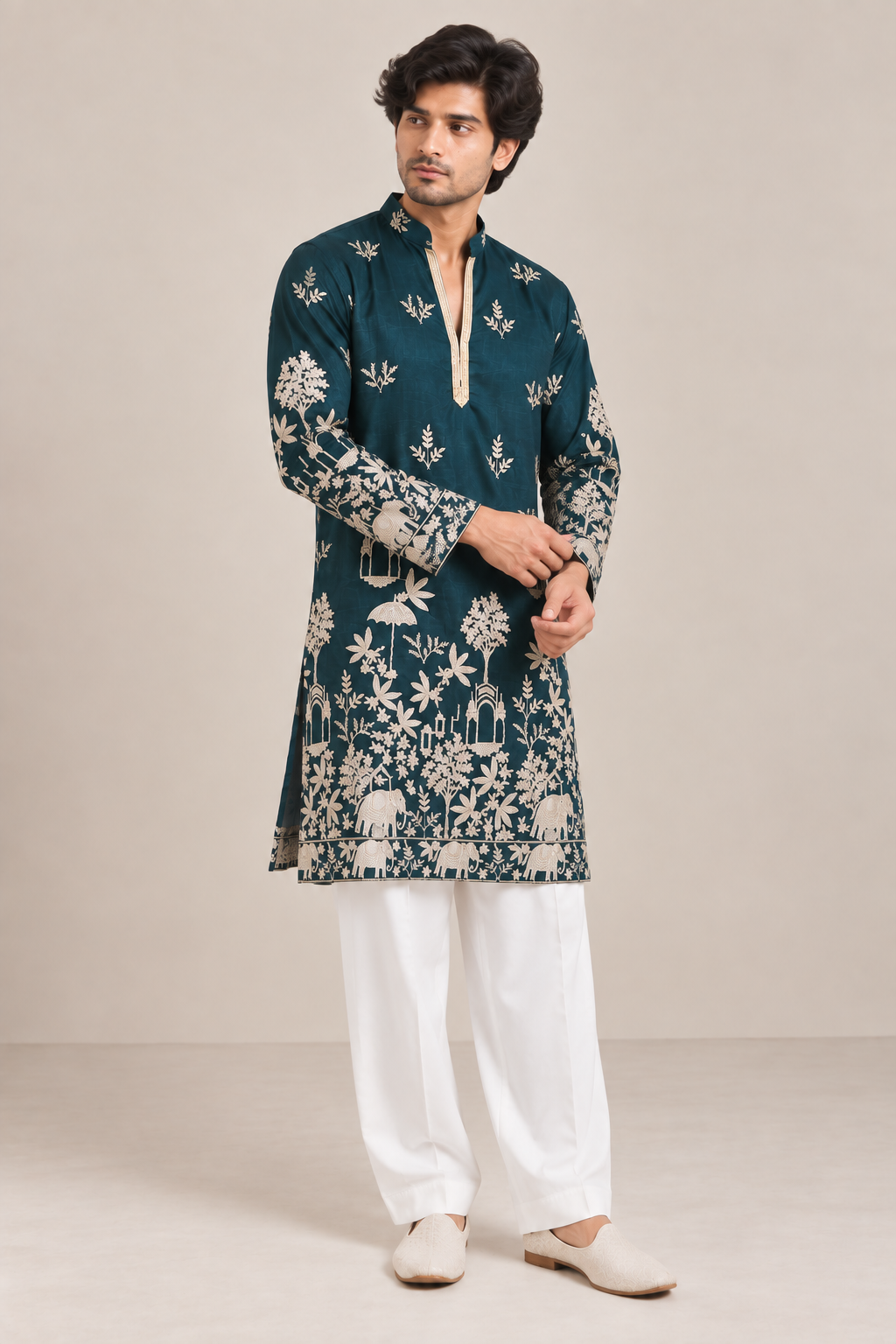 Teal Blue Designer Kurta with Ivory Heritage Print
