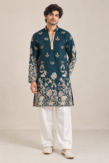 Teal Blue Designer Kurta with Ivory Heritage Print