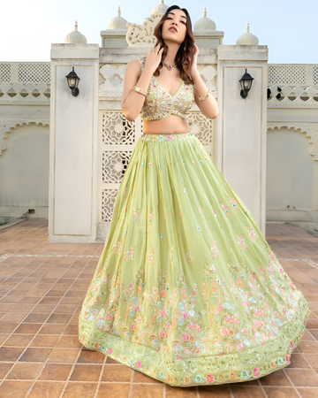 Pastel Green Lehenga Choli with Hand Embroidery