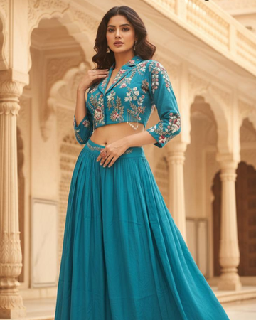 Teal Floral Embroidered Lehenga Choli Set