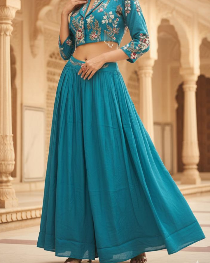 Teal Floral Embroidered Lehenga Choli Set