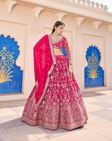 Hot Pink Heavy Embroidered Bridal Lehenga Set