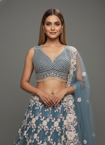 Misty Blue Floral Lehenga Set