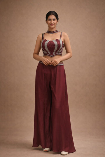 Wine Maroon Embroidered Indo-Western with Wide Palazzo Set for Women