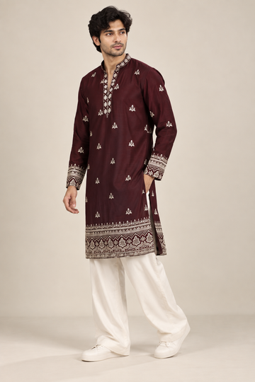 Wine Designer Kurta with Ivory Heritage Border