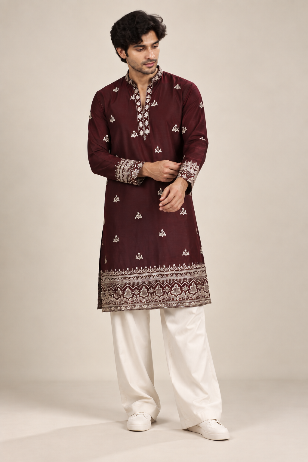 Wine Designer Kurta with Ivory Heritage Border