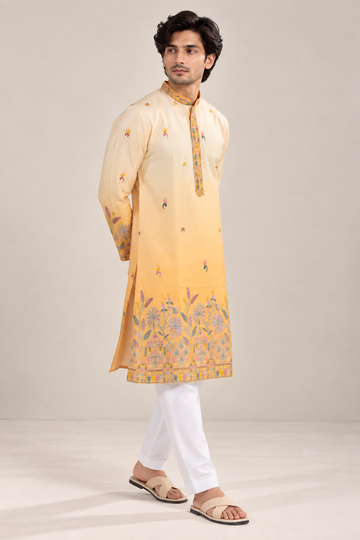 Yellow Embroidered Designer Kurta with Floral Border