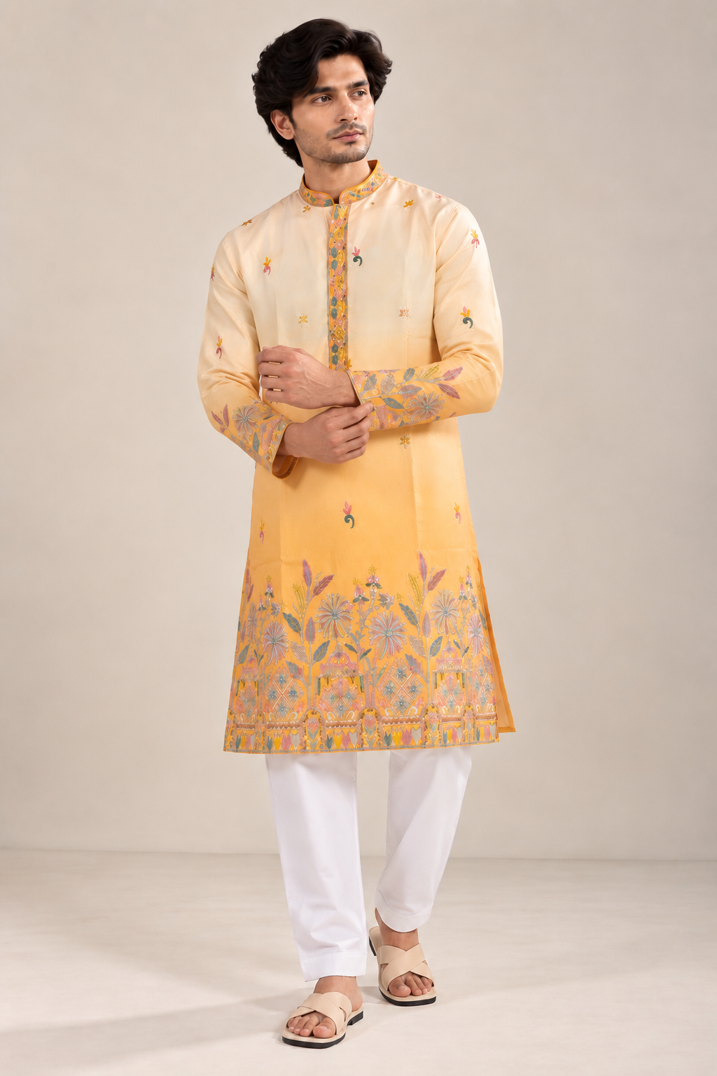 Yellow Embroidered Designer Kurta with Floral Border