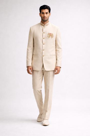 Ivory Embroidered Elephant Motif Jodhpuri Set