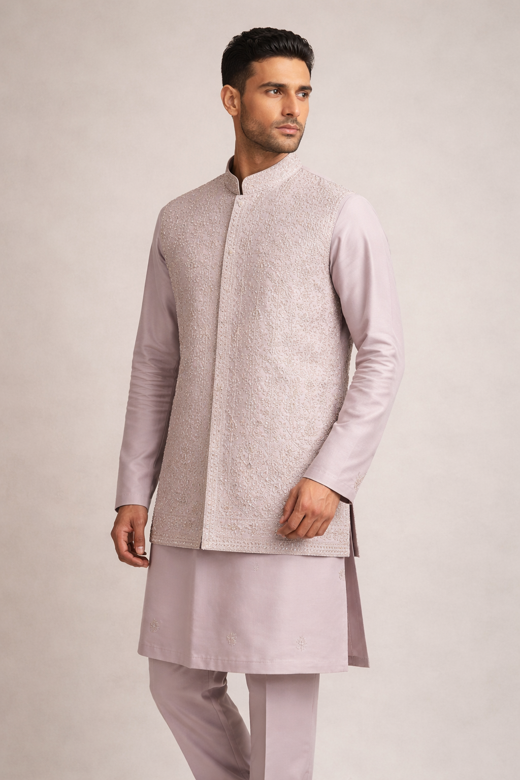 Lavender Embroidered Koti Kurta Set for Men