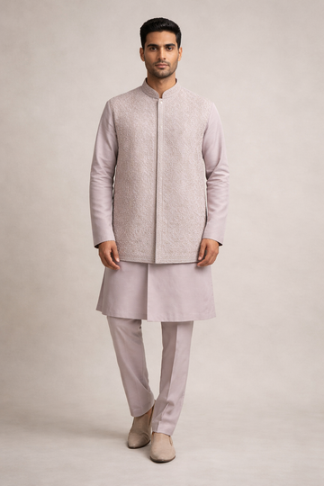 Lavender Embroidered Koti Kurta Set for Men