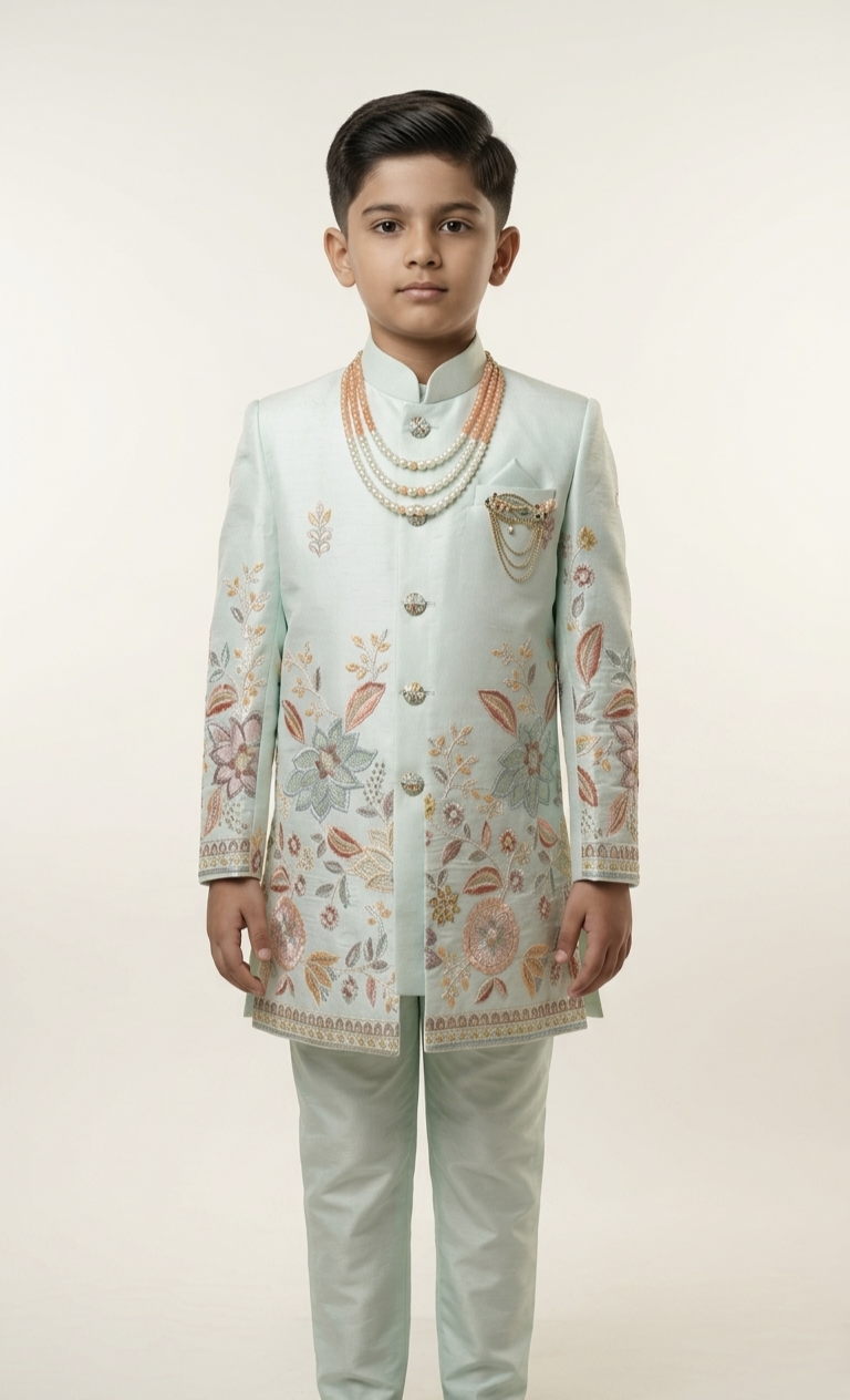 Boys Mint Green Embroidered Silk Indo-Western Set
