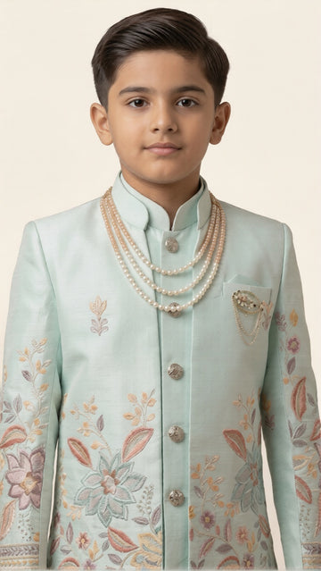 Boys Mint Green Embroidered Silk Indo-Western Set